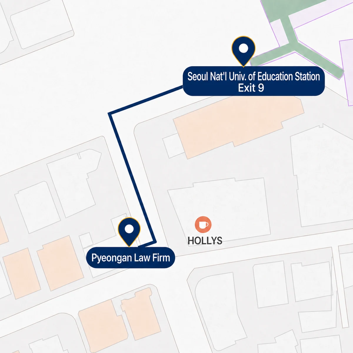 Walking route from Exit 9 of Seoul Nat'l Univ. of Education Station to Pyeongan Law Firm